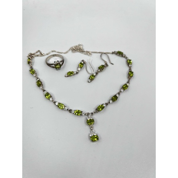 Natural Peridot Gemstone 925 sterling silver Handmade necklace Set Earning Ring - Picture 2 of 10